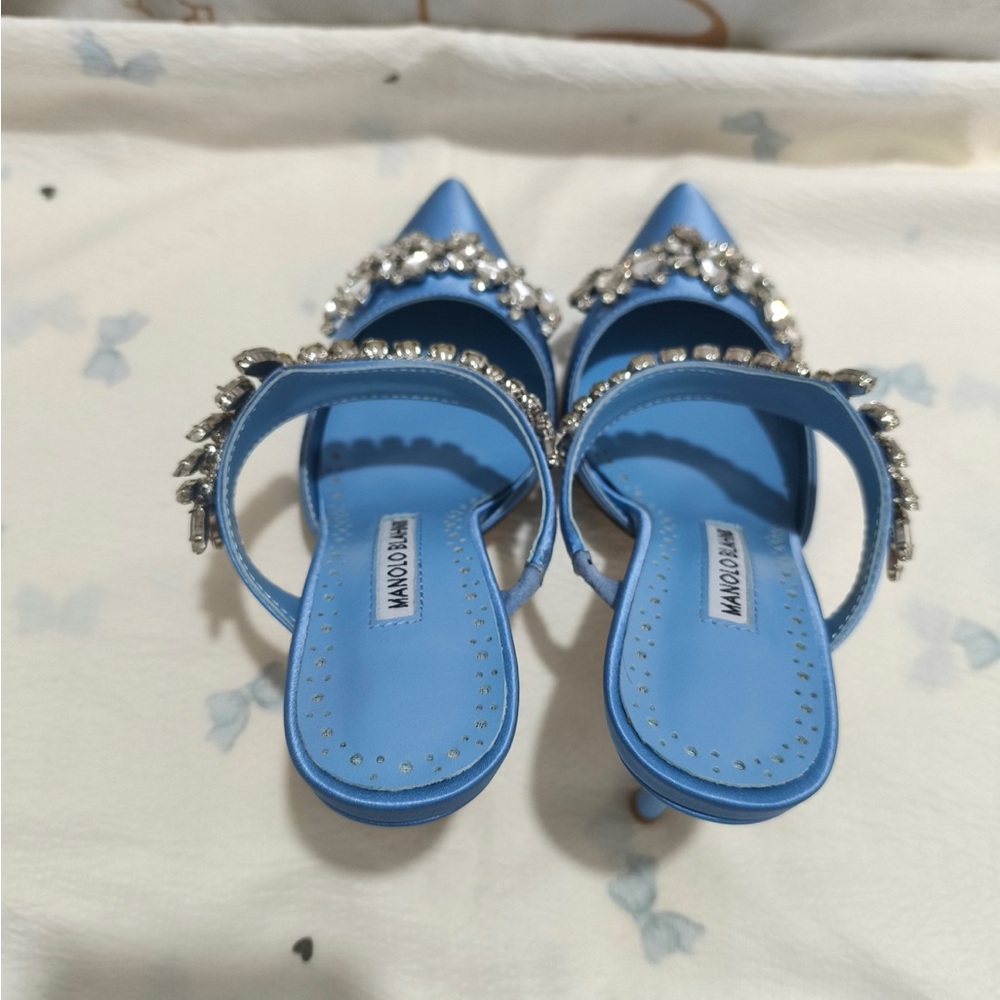 Manolo Blahnik Blue Crystal Embellished Pointed Toe Mules - Picture 6 of 9